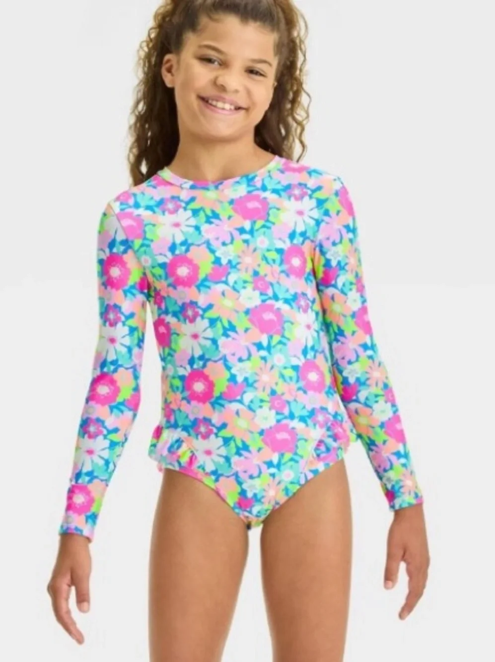 NEW - CAT & JACK Girls' Floral Printed Long Sleeve One Piece Rash Guard | XS 4-5